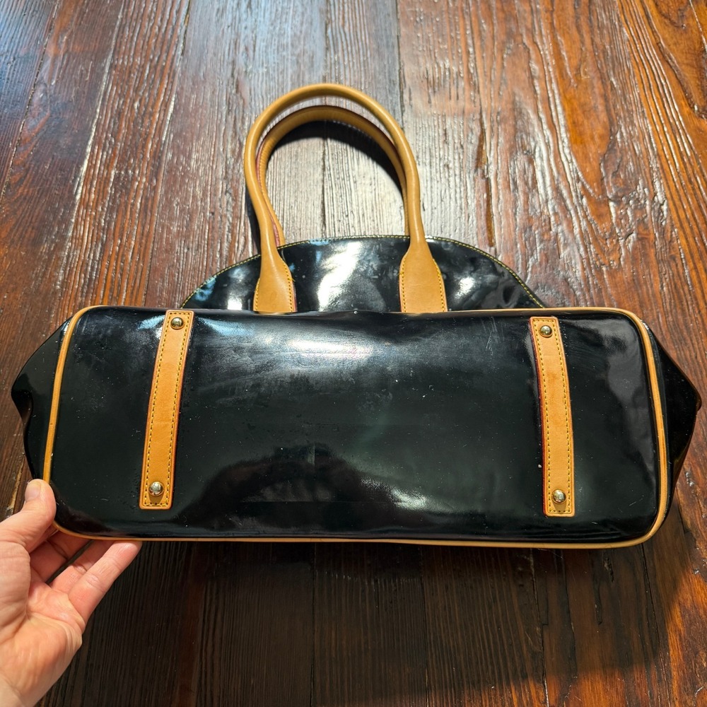 Vintage Dooney & Bourke Purse Glossy Black Brown Leather Hobo Bag - Picture 7 of 13